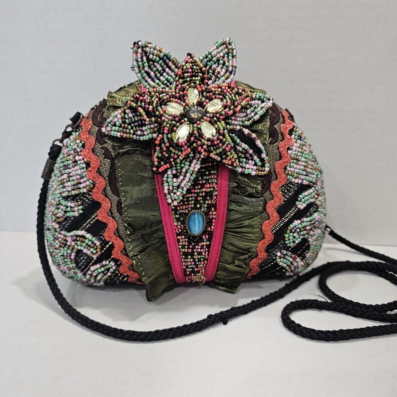 Pritzi Ruffled Fabric Beaded Hard Shell Handbag Crossbody Purse Clutch Boho Art - Picture 1 of 14